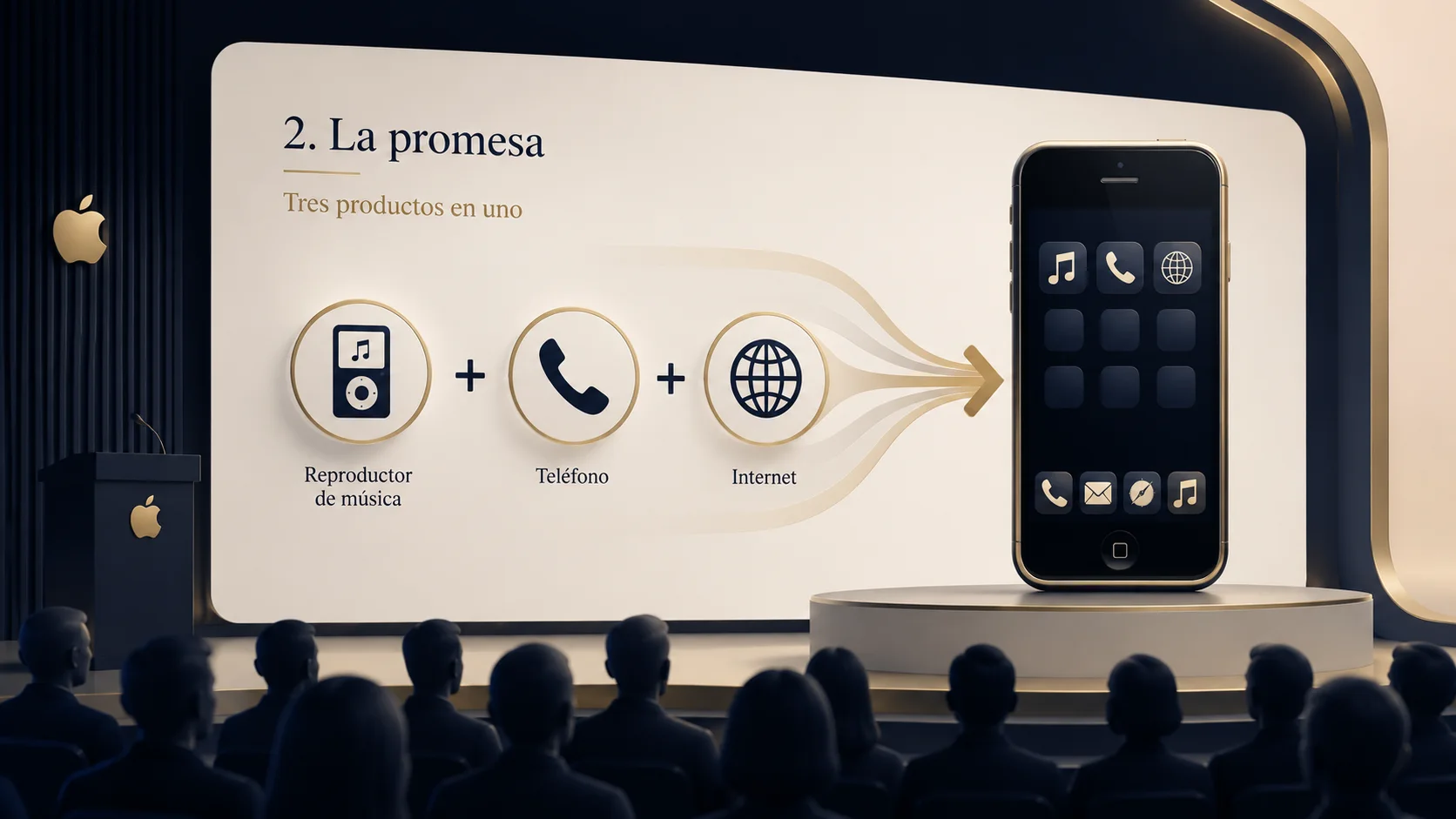 Representación editorial de la promesa del primer iPhone como reproductor de música, teléfono y acceso a Internet