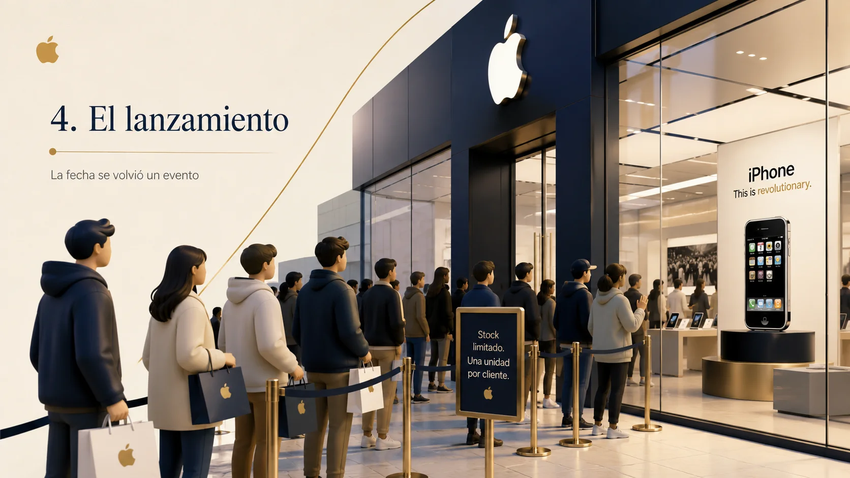 Representación editorial del día de lanzamiento del primer iPhone y la atención reunida alrededor de la venta