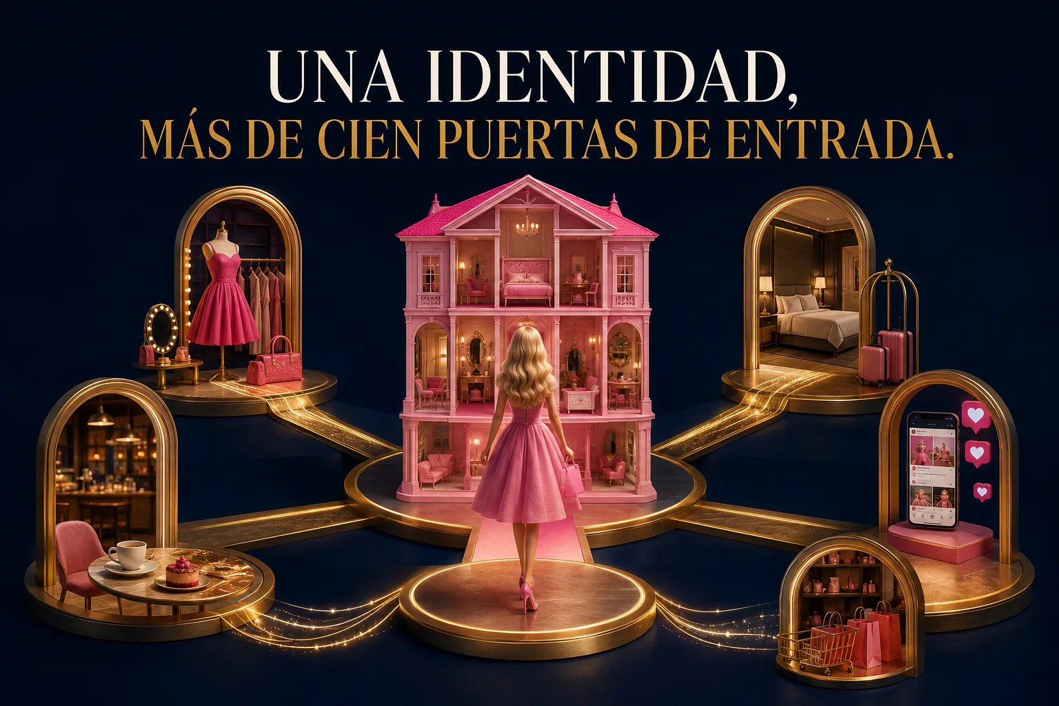 Representación editorial de la identidad visual de Barbie abriendo múltiples puertas de entrada