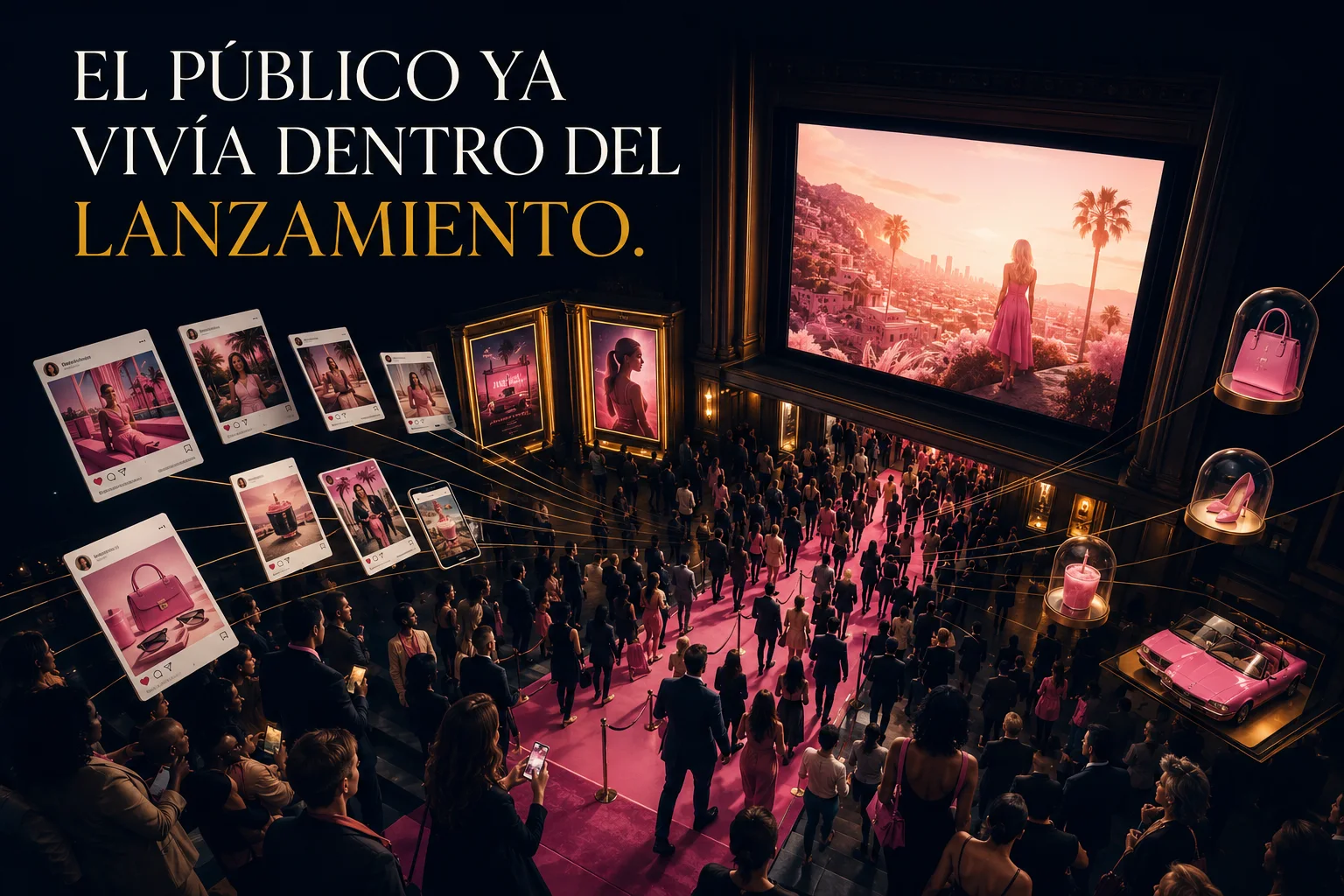 Representación editorial del público participando en el universo del lanzamiento de Barbie