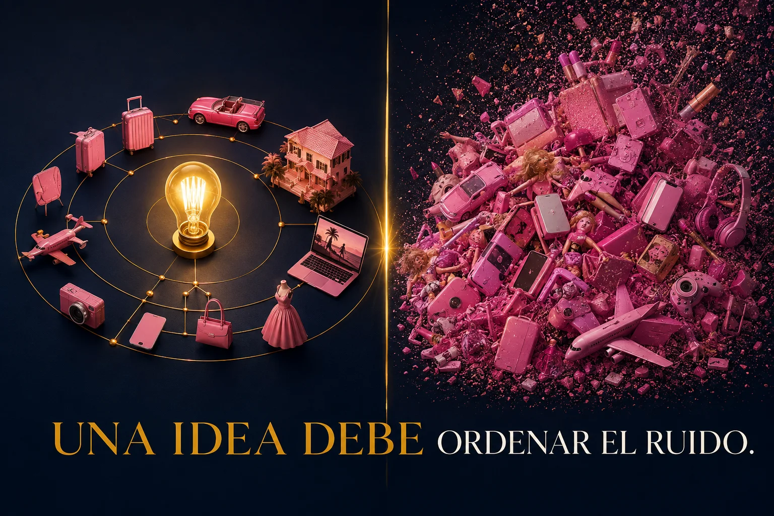 Representación editorial de una idea central ordenando la omnipresencia de Barbie