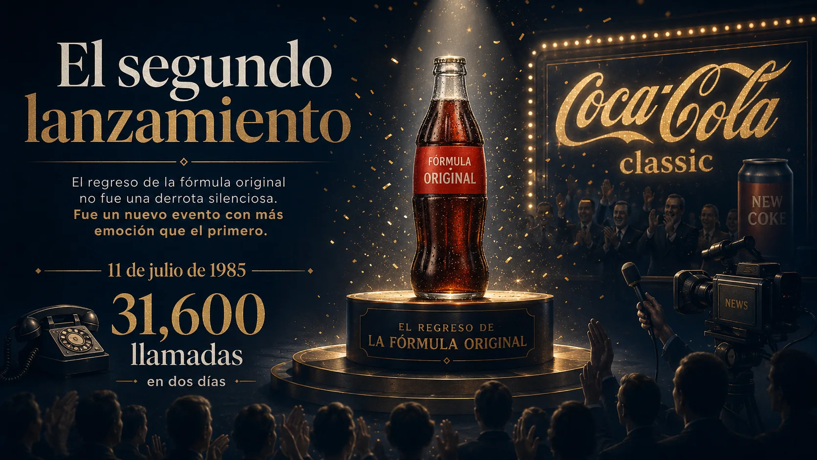 Representación editorial del regreso de Coca-Cola classic 79 días después de New Coke