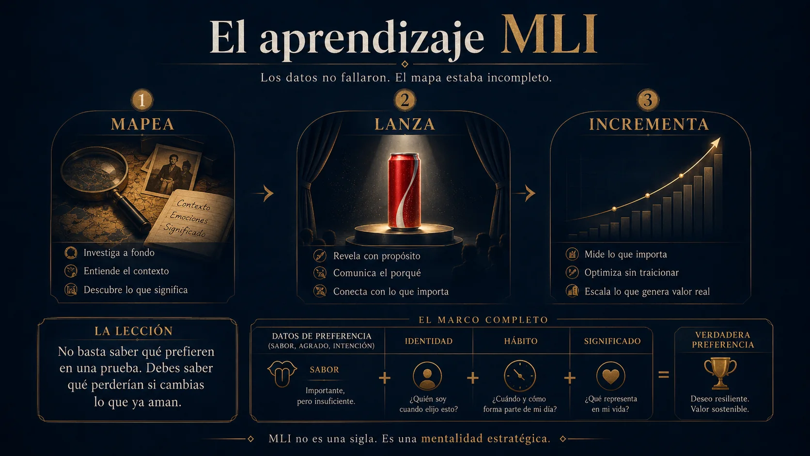 Representación editorial del aprendizaje de New Coke según el Método MLI