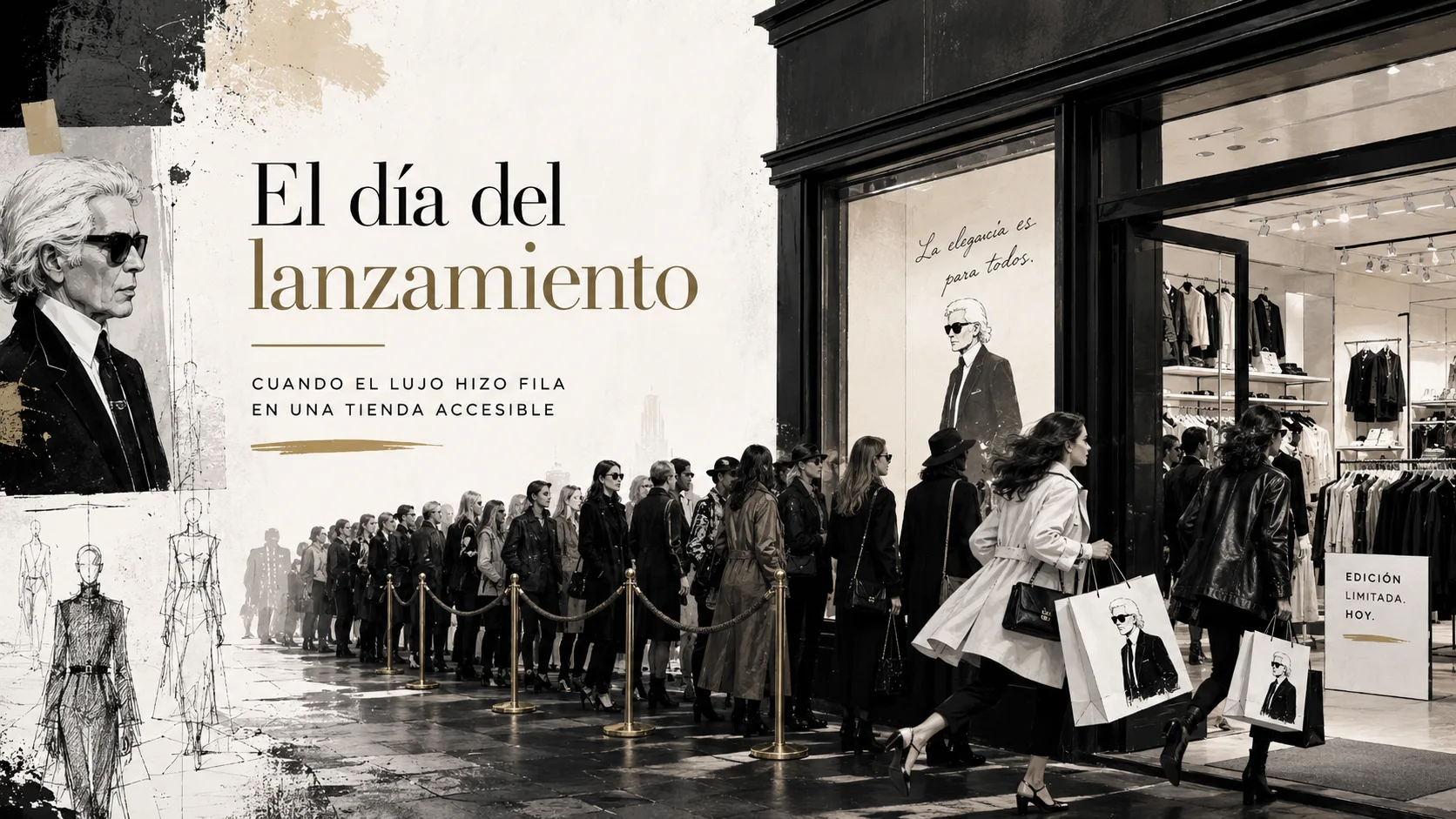Representación editorial de compradores haciendo fila durante el lanzamiento de Karl Lagerfeld para H&M