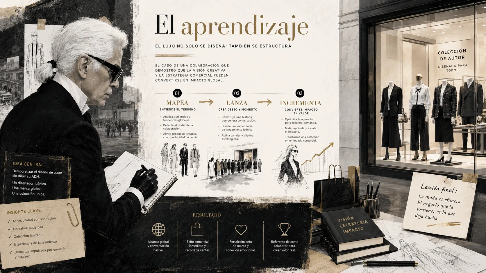 Representación editorial de los aprendizajes del lanzamiento de Karl Lagerfeld para H&M según el Método MLI