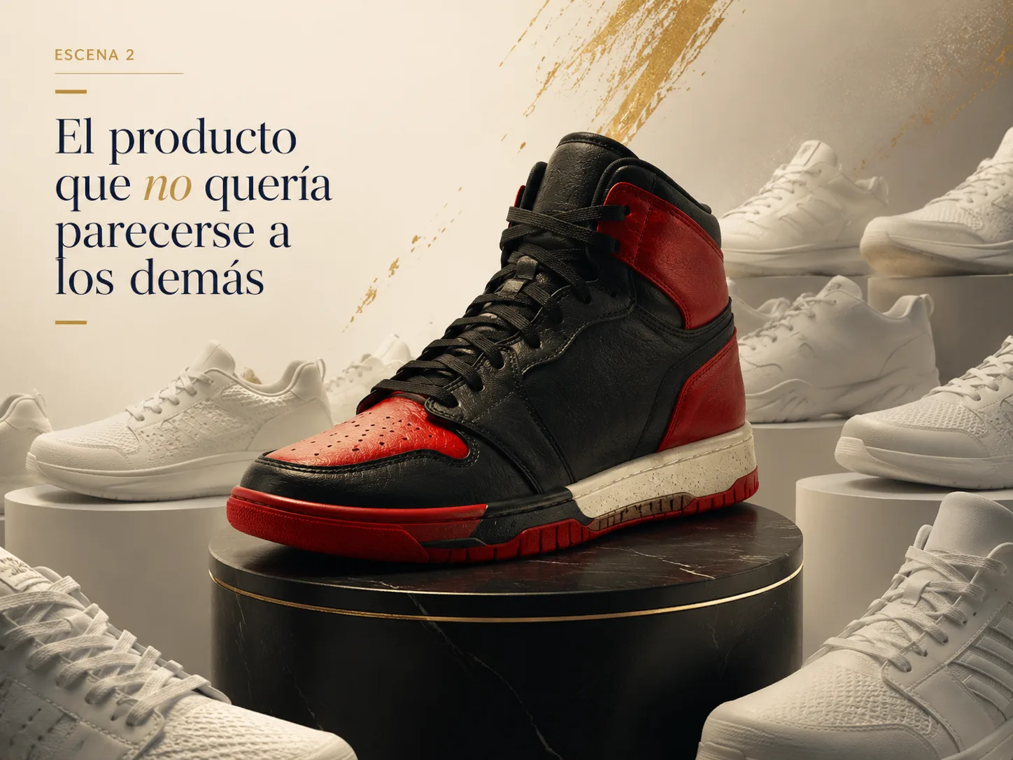 Representación editorial de una zapatilla negra y roja destacando entre modelos uniformes