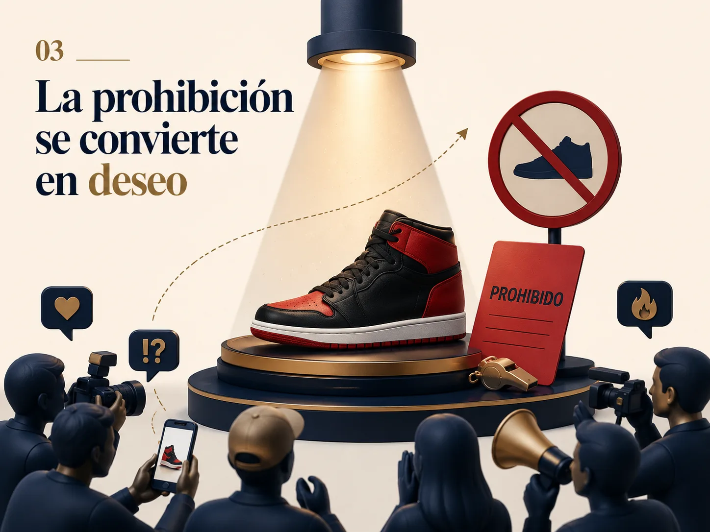Representación editorial de una zapatilla negra y roja convertida en objeto de deseo después de una prohibición