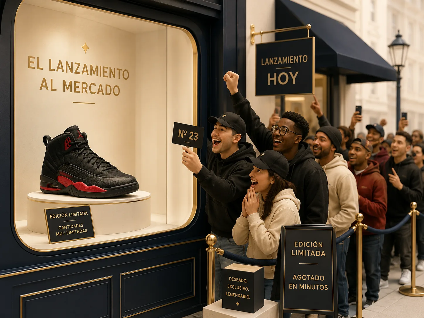 Representación editorial del lanzamiento al mercado de unas zapatillas negras y rojas