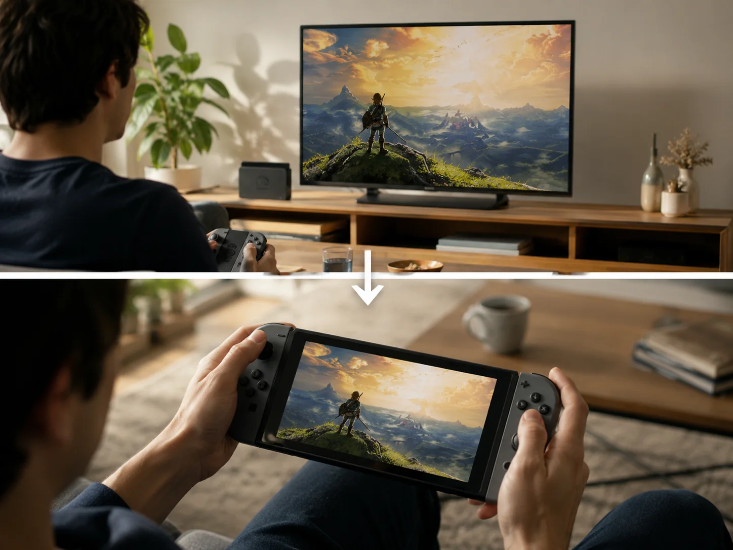 Representación editorial de Nintendo Switch pasando del televisor al modo portátil