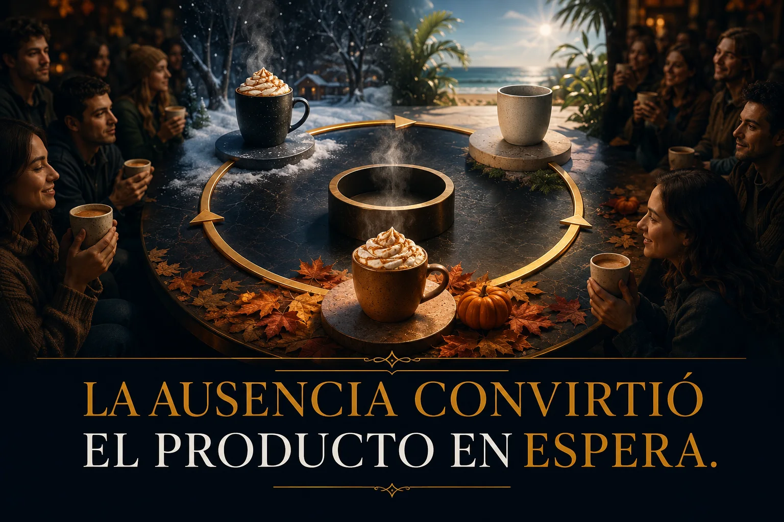 Representación editorial de la ausencia del Pumpkin Spice Latte convirtiéndose en espera