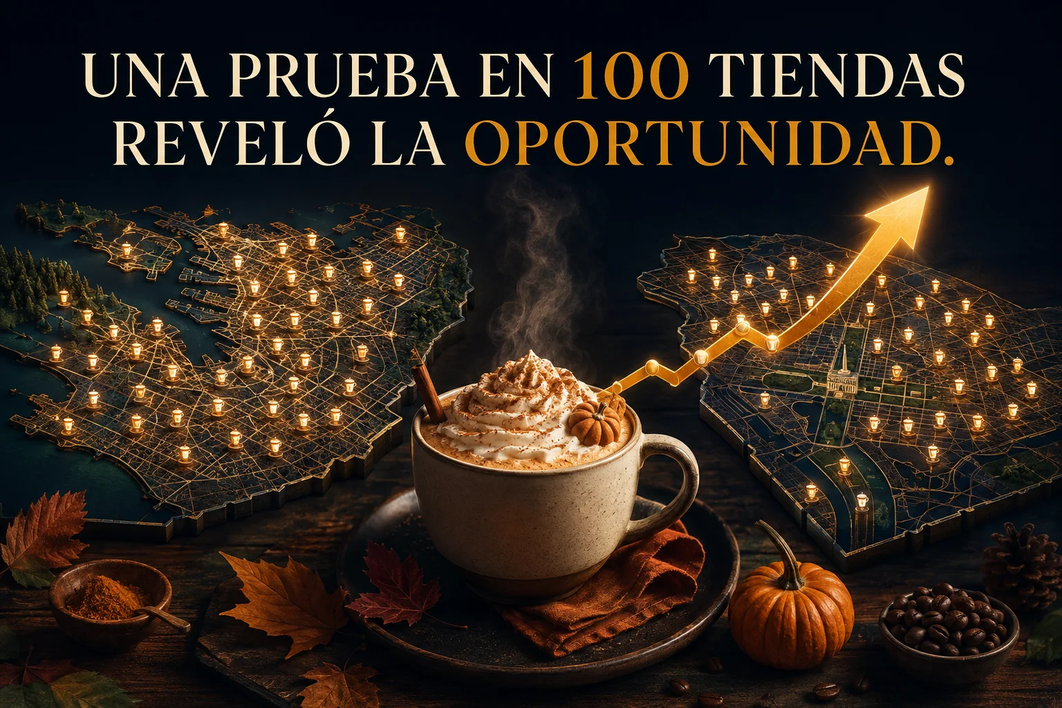Representación editorial de la prueba inicial del Pumpkin Spice Latte en 100 tiendas