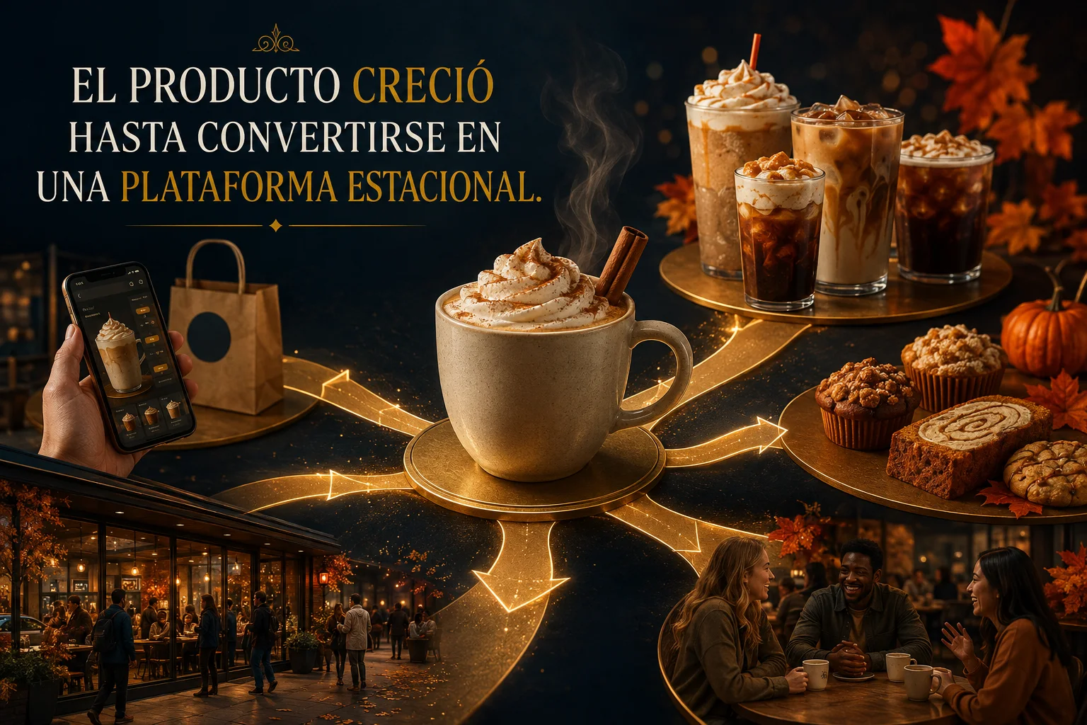 Representación editorial del Pumpkin Spice Latte convertido en una plataforma estacional