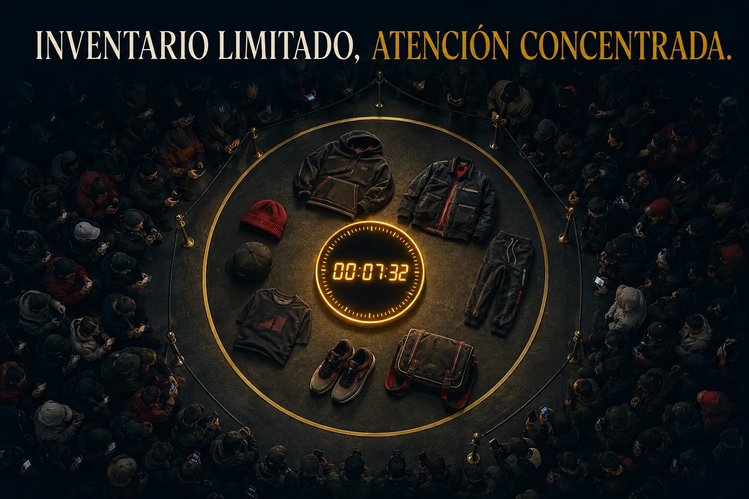 Representación editorial de inventario limitado y atención concentrada en un drop de Supreme