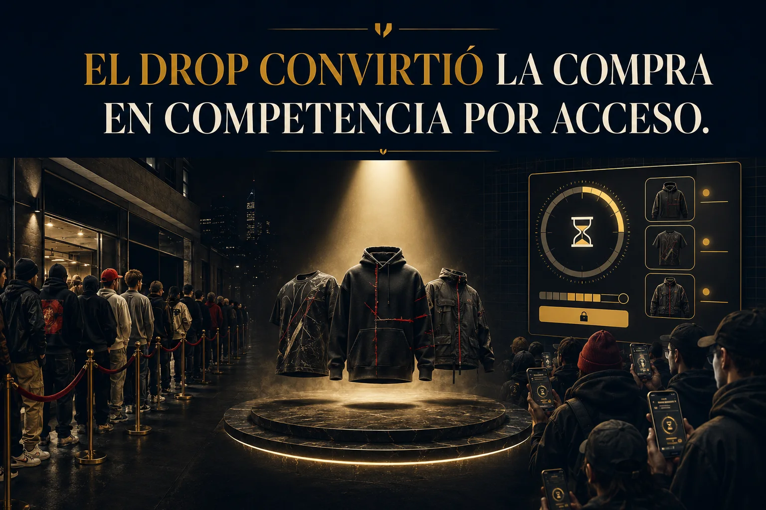 Representación editorial de un drop de Supreme convertido en competencia por acceso