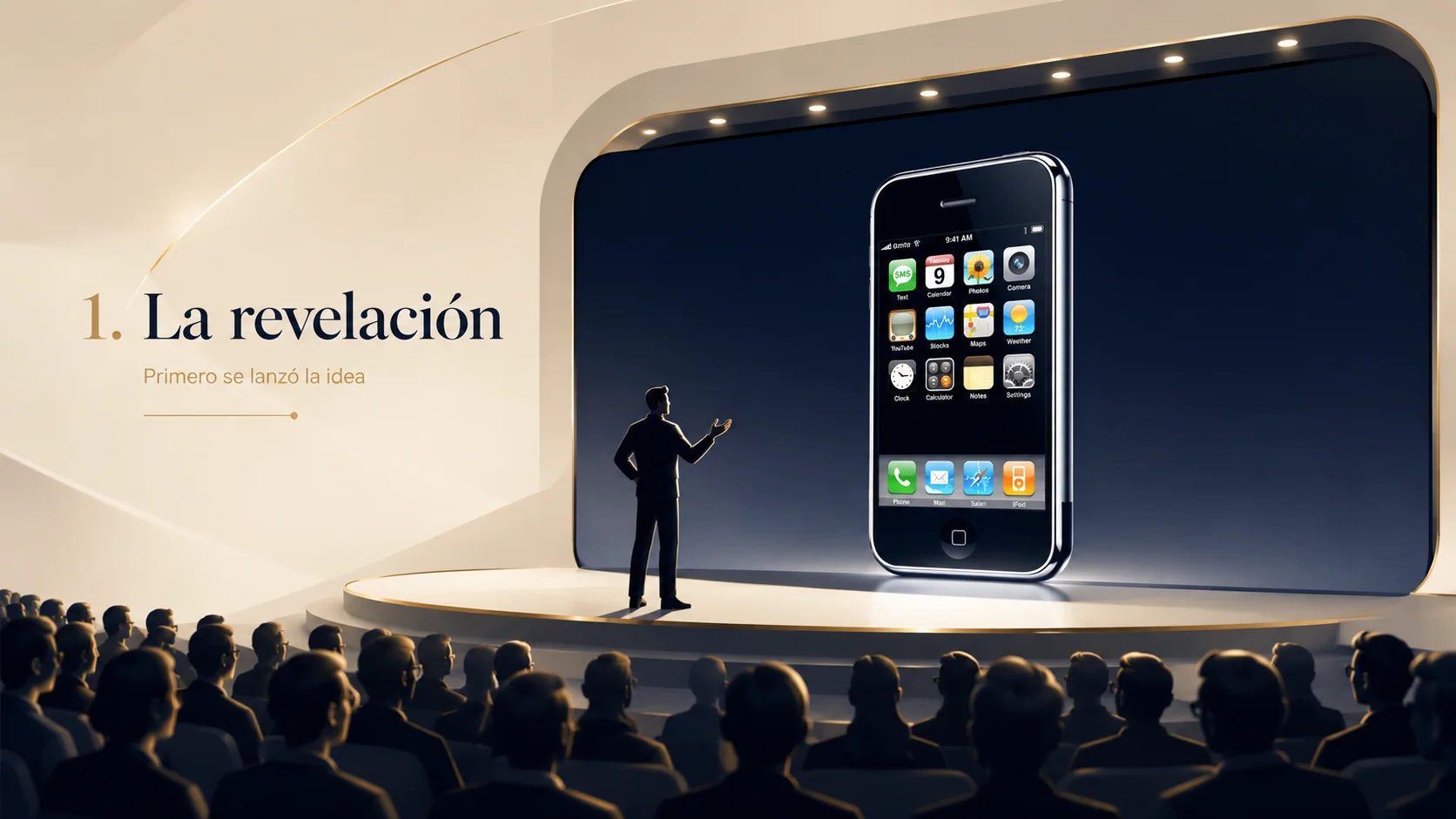 Representación editorial de la presentación del primer iPhone en 2007