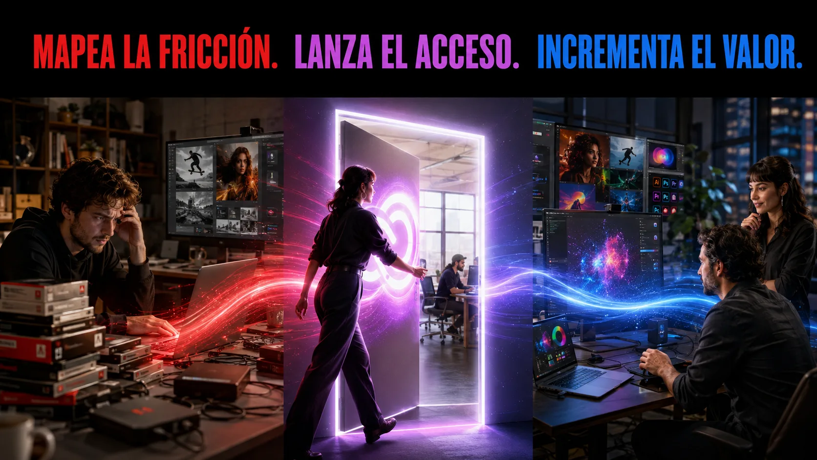 flujo Mapea · Lanza · Incrementa aplicado al caso de ADOBE CREATIVE CLOUD.