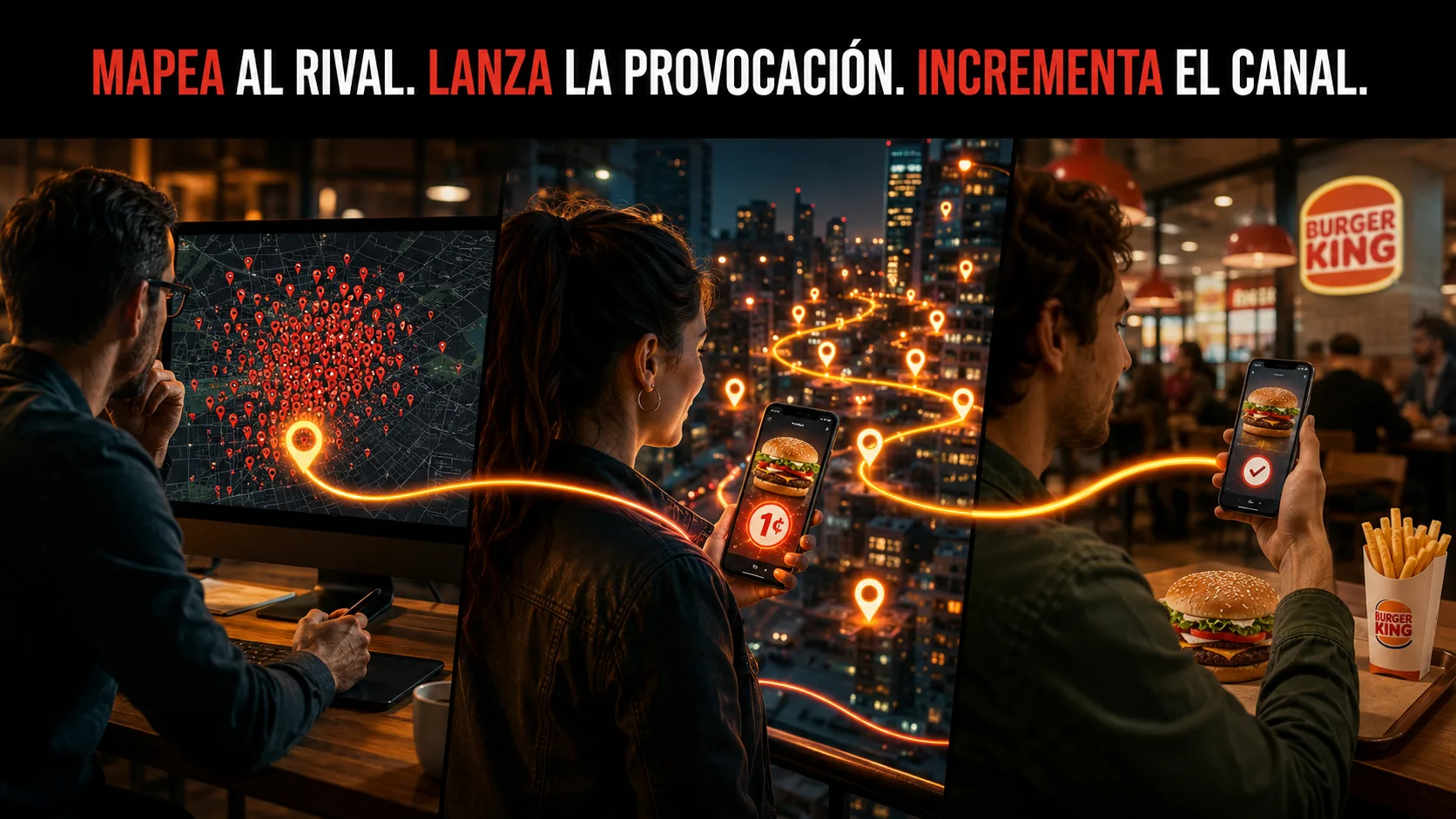 flujo Mapea · Lanza · Incrementa aplicado al caso de BURGER KING · WHOPPER DETOUR.