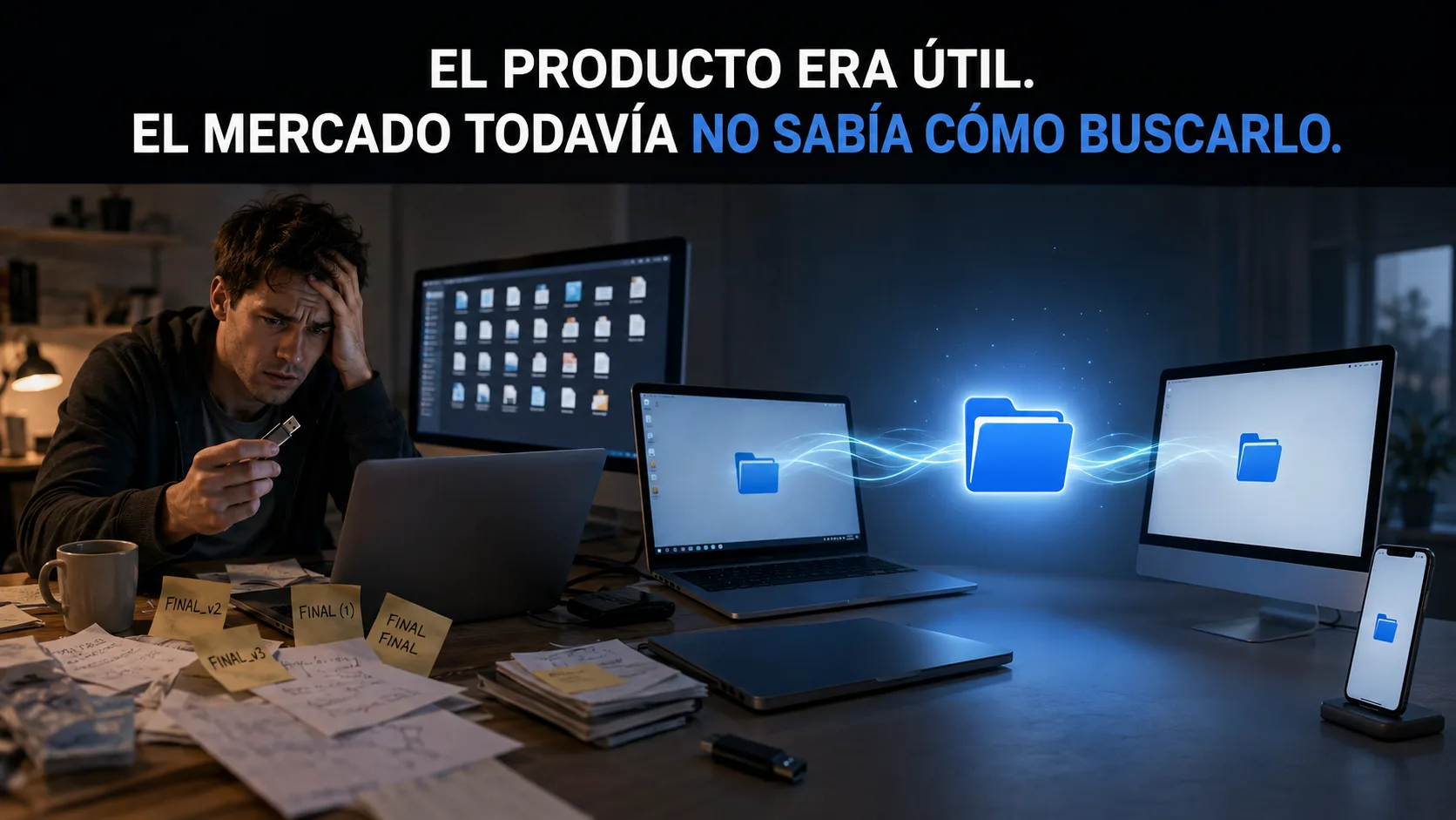 representación cinematográfica del problema previo al lanzamiento, con tensión visual y la marca como fuerza que detecta la oportunidad.