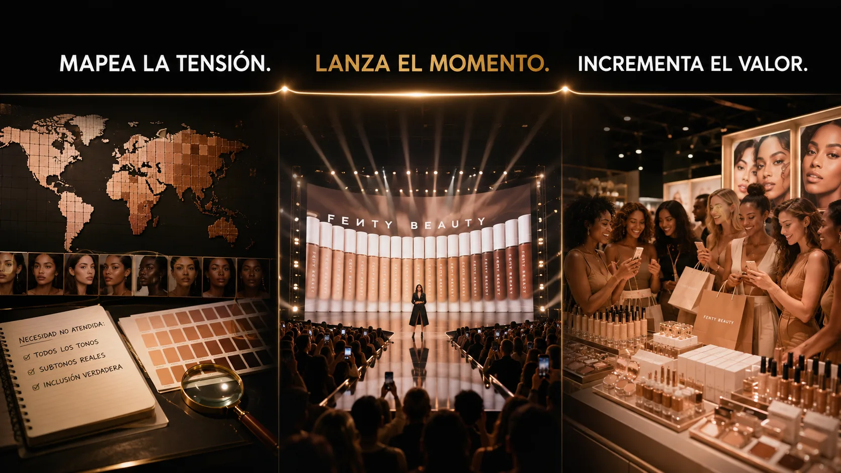 flujo Mapea · Lanza · Incrementa aplicado al caso de FENTY BEAUTY.