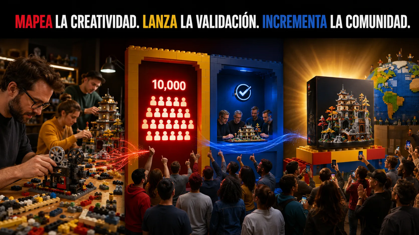 flujo Mapea · Lanza · Incrementa aplicado al caso de LEGO IDEAS.