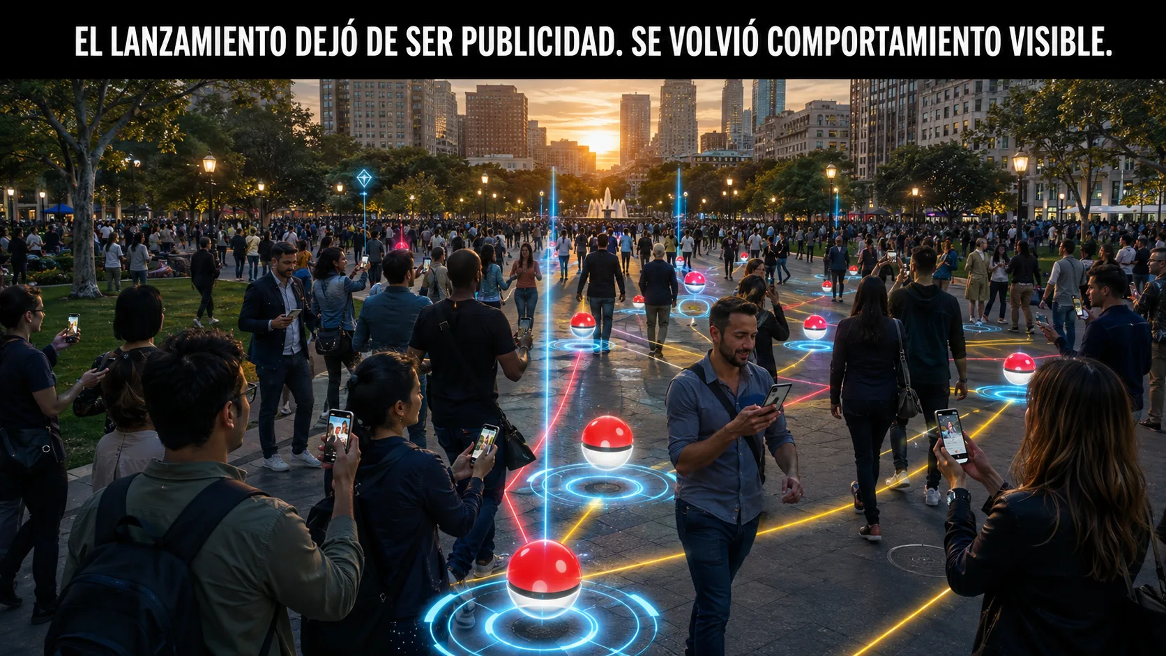 apertura sincronizada y reacción del público alrededor del acontecimiento principal.