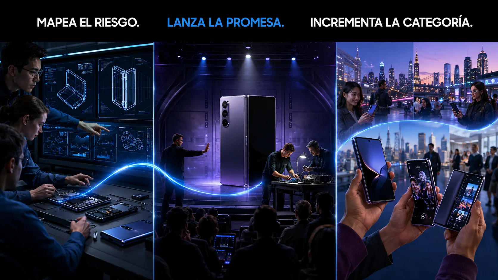 flujo Mapea · Lanza · Incrementa aplicado al caso de SAMSUNG GALAXY FOLD.