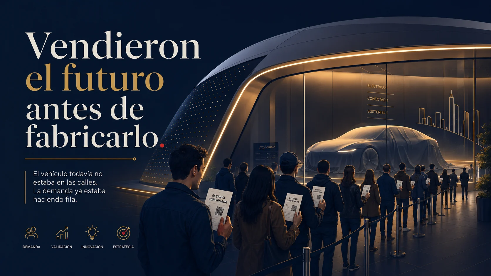 Representación editorial de personas reservando el Tesla Model 3 antes de su producción